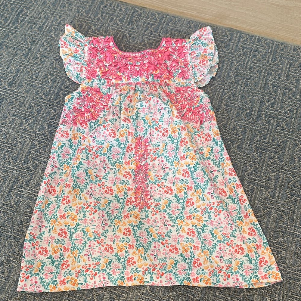 Girls' Pink Floral Smocked Sundress with Flutter Sleeves